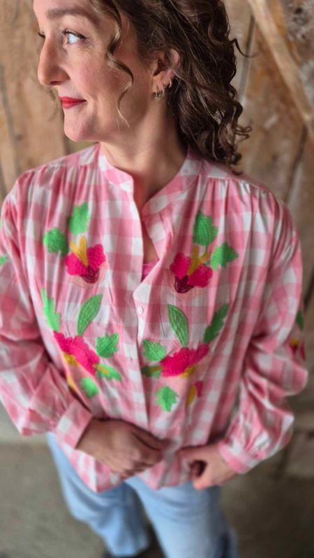  BOHEME Checkered Bluse Rosa w Brodery